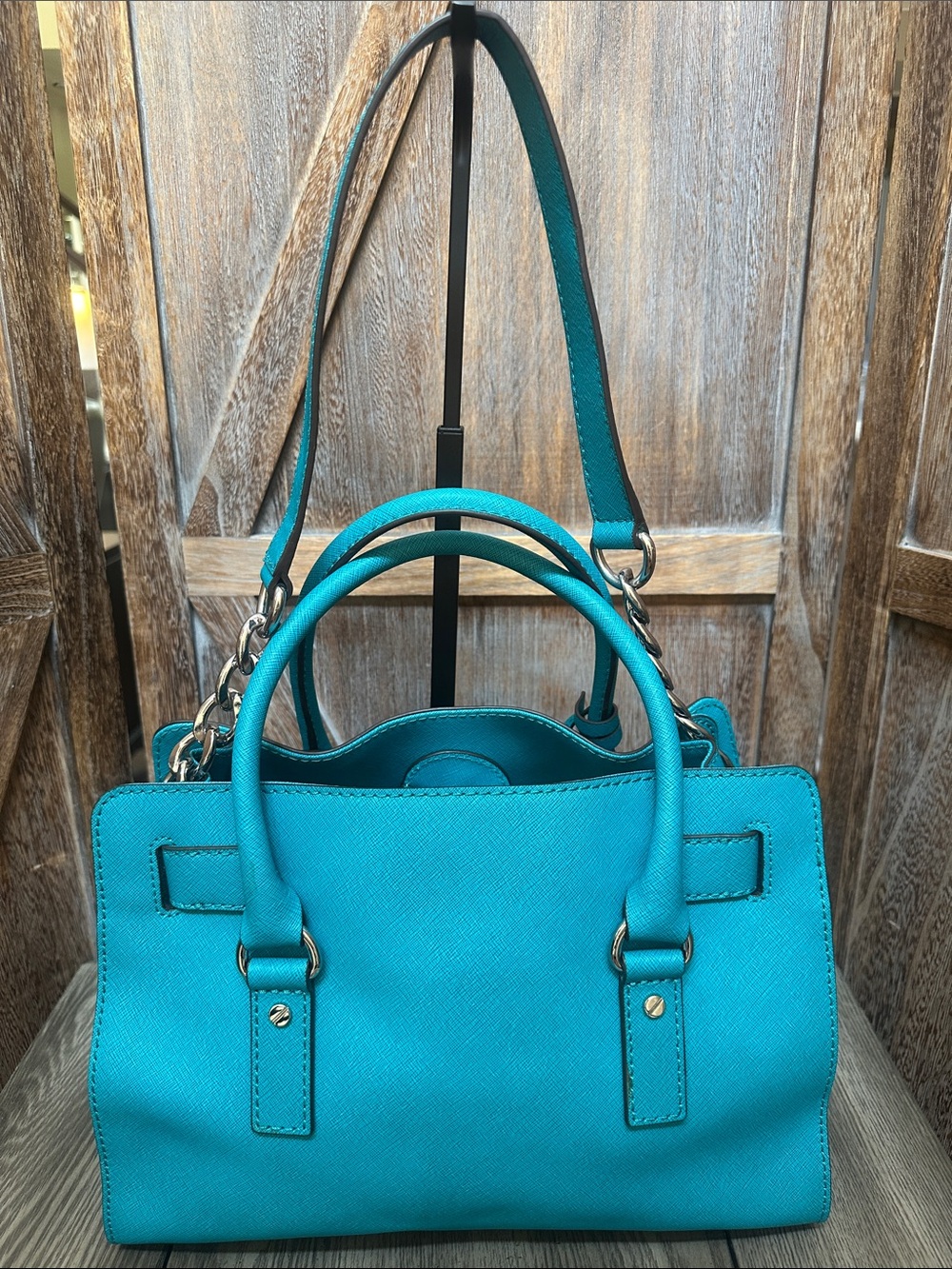 Michael Kors Turquoise Satchel Tote with Silver Padlock & Chain Shoulder Handbag - Picture 2 of 16